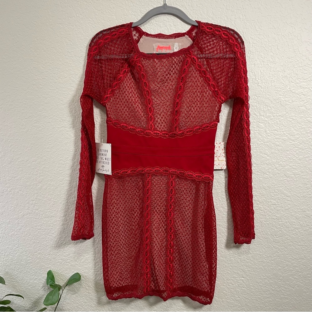 Free People Red Lace Long Sleeve Mini Dress | XS | NWT